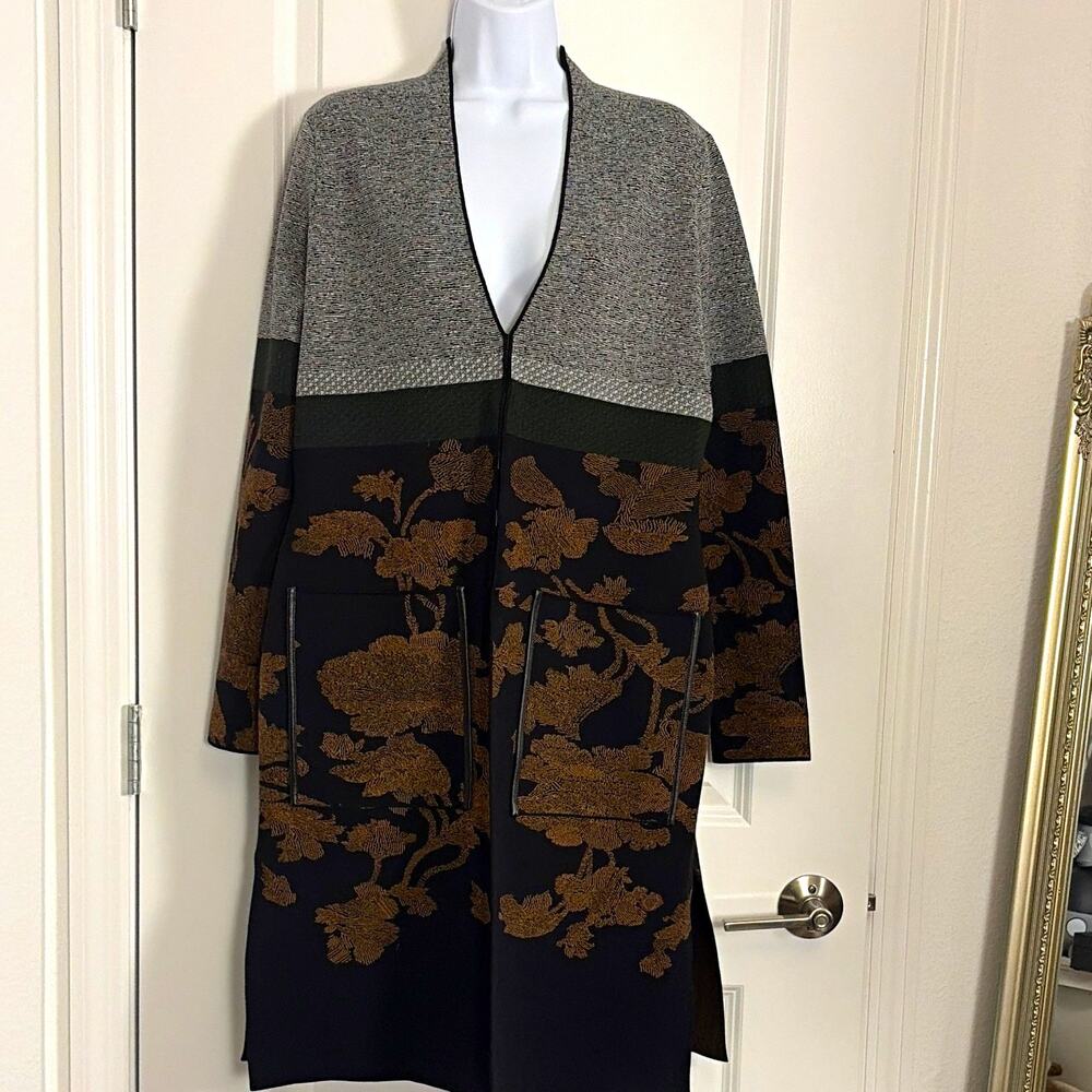 Carlisle Collection Longline Floral Knit Coat Pockets Women's M Boho Classic